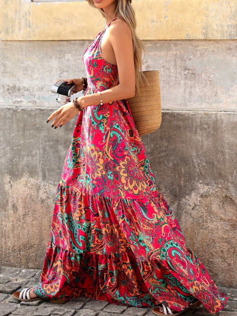 Boho Floral Print Criss Cross Cut out Back Cami Maxi dress - Picture 3 of 5